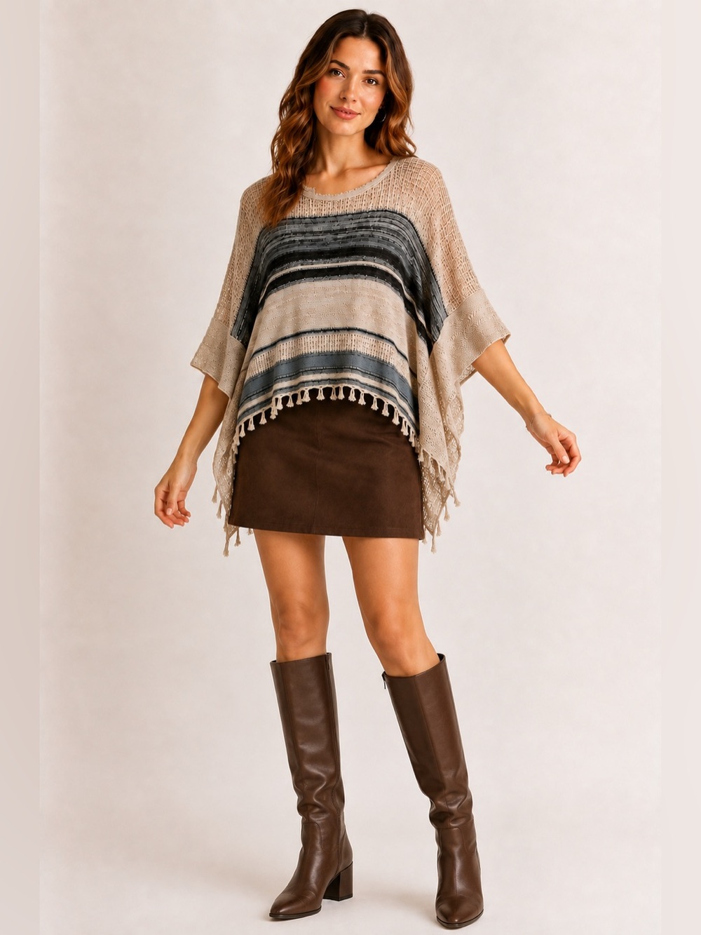 American Rag tan and blue poncho sweater. Soft and lightweight. Size M/L